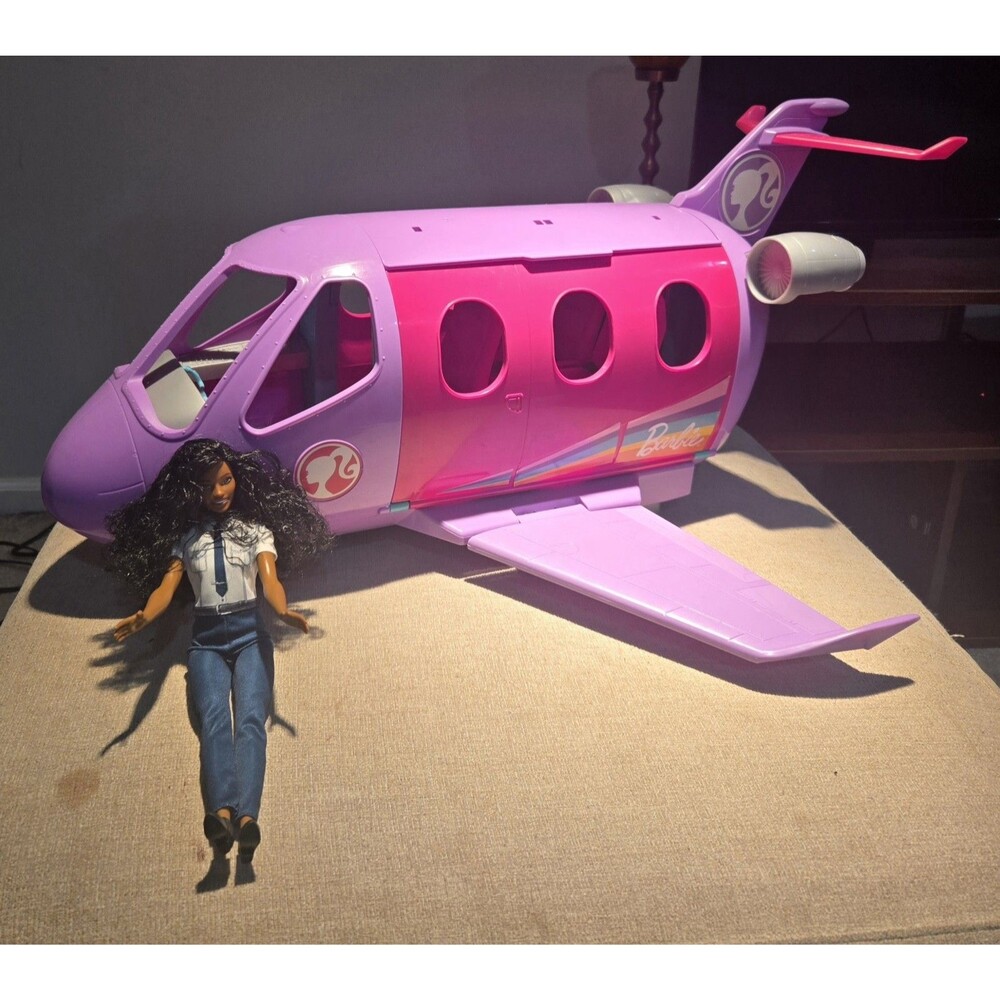 Barbie Airplane Adventures Purple Jet Playset & African American Pilot Doll Lot